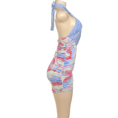 Lace hem hollow out halter ruched cut out mini dress