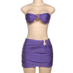 Ruched hollow out backless tube mini skirt set