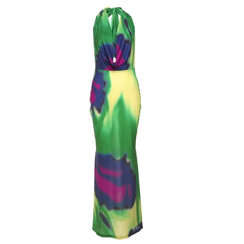 Cowl neck halter self tie print maxi dress