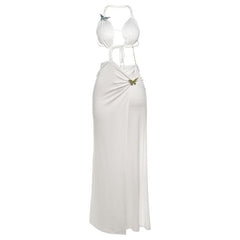Slit hollow out halter butterfly applique cut out maxi dress