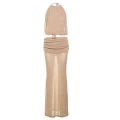 Ruched self tie halter backless maxi skirt set