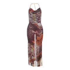 Beaded halter cowl neck print slit maxi dress
