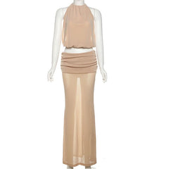 Ruched self tie halter backless maxi skirt set