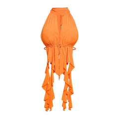 Hollow out ruched self tie halter cut out top