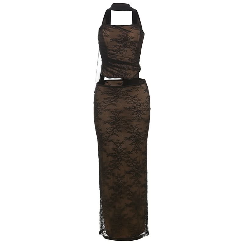 Lace ruched backless tube maxi skirt set