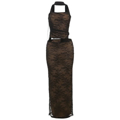 Lace ruched backless tube maxi skirt set