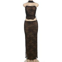 Lace ruched backless tube maxi skirt set