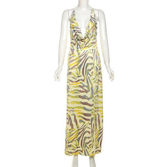Cowl neck print halter self tie slit maxi dress