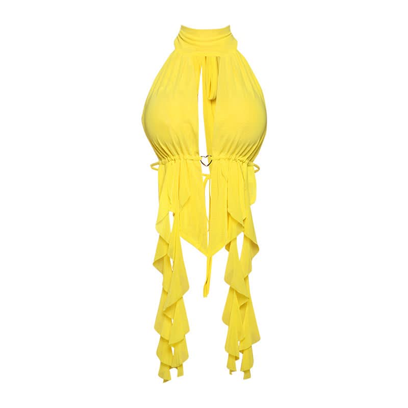 Hollow out ruched self tie halter cut out top