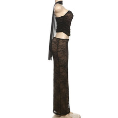 Lace ruched backless tube maxi skirt set