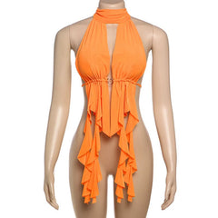 Hollow out ruched self tie halter cut out top