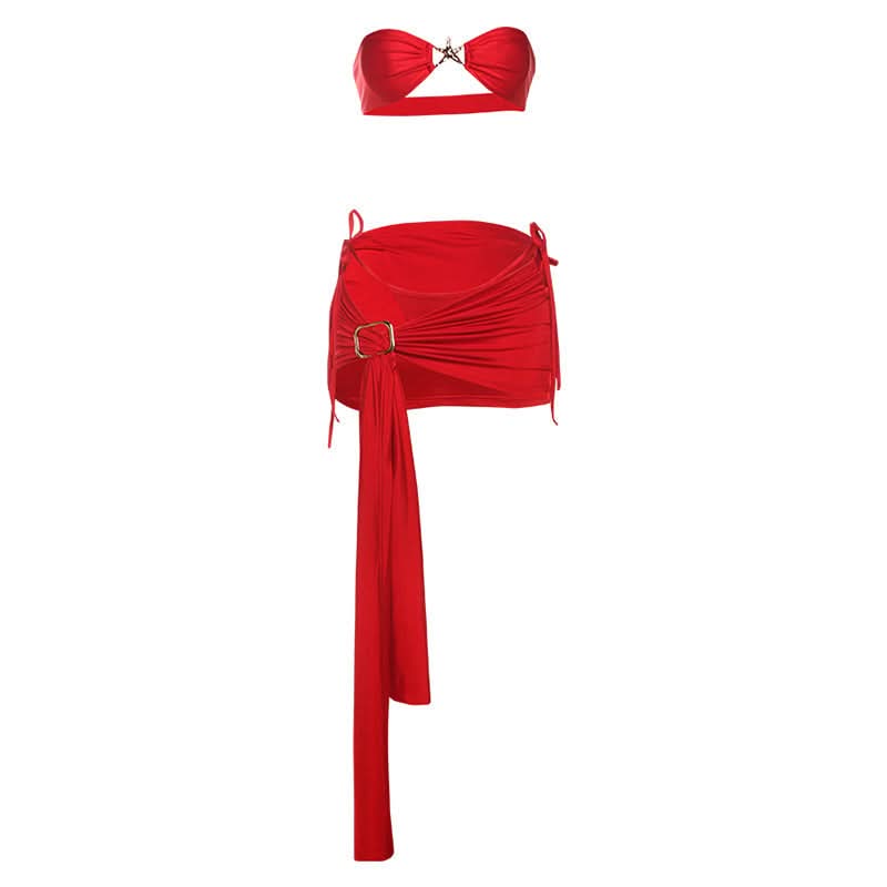 Ruched self tie irregular tube mini skirt set