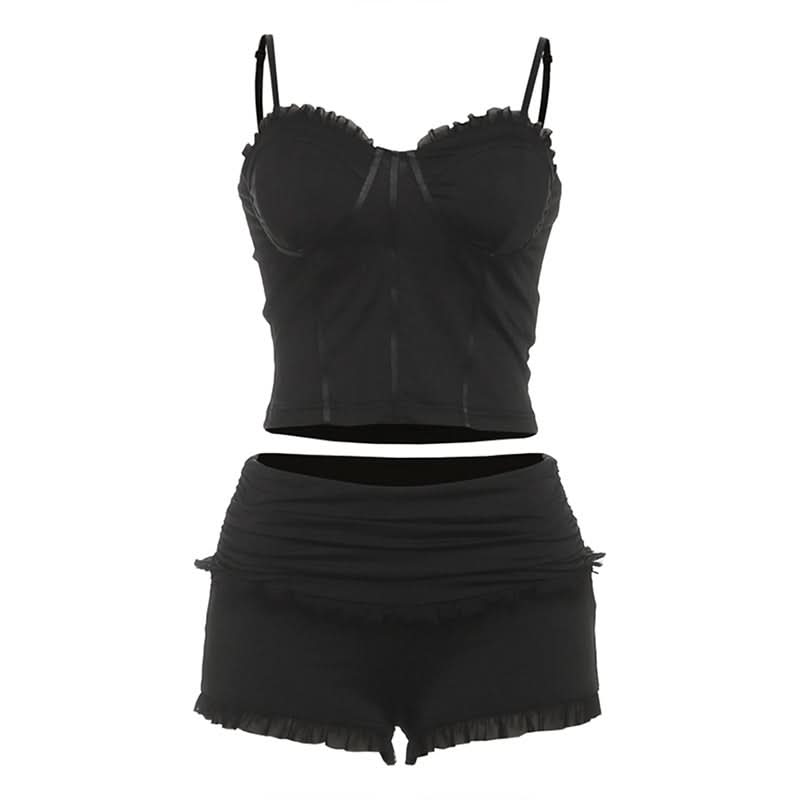 Ruffle v neck backless solid cami pant set