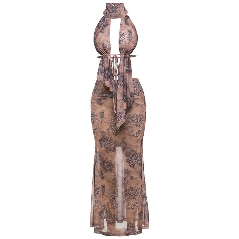 Halter ruched self tie print maxi skirt set