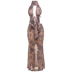 Halter ruched self tie print maxi skirt set