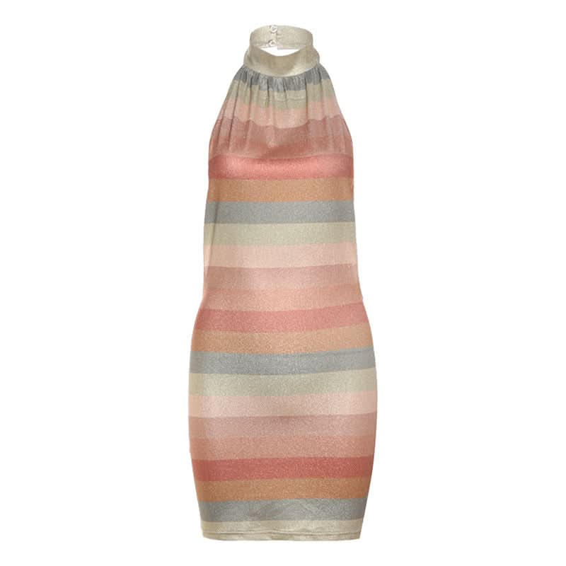 Button halter striped print backless mini dress