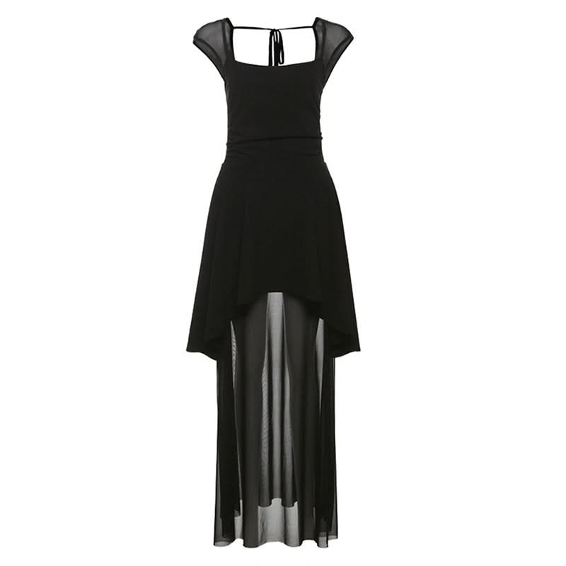 Mesh square neck self tie backless maxi dress