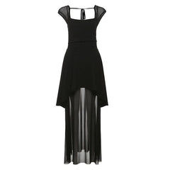 Mesh square neck self tie backless maxi dress
