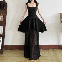 Mesh square neck self tie backless maxi dress