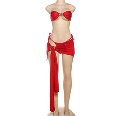 Ruched self tie irregular tube mini skirt set