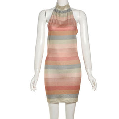 Button halter striped print backless mini dress