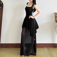 Mesh square neck self tie backless maxi dress