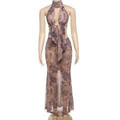 Halter ruched self tie print maxi skirt set