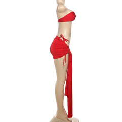 Ruched self tie irregular tube mini skirt set