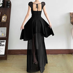 Mesh square neck self tie backless maxi dress