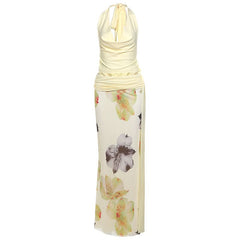 Self tie halter cowl neck flower print maxi skirt set