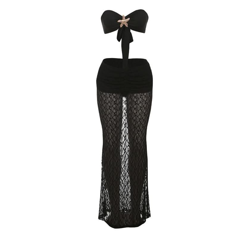 Sweetheart neck self tie lace tube maxi skirt set