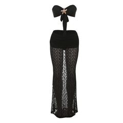 Sweetheart neck self tie lace tube maxi skirt set
