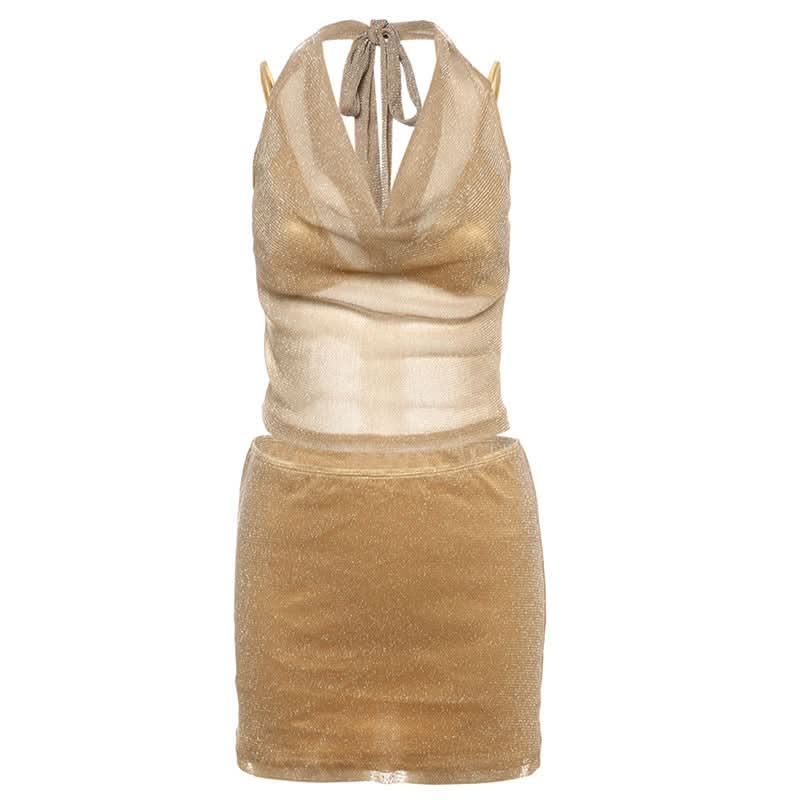 Cowl neck halter self tie 3 piece mini skirt set