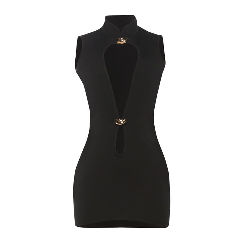 Hollow out zip-up v neck solid cut out mini dress
