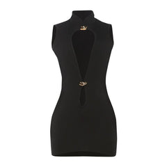 Hollow out zip-up v neck solid cut out mini dress