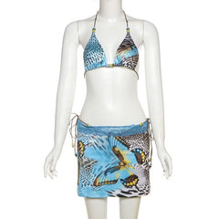Halter self tie lace hem print 3 piece mini skirt set