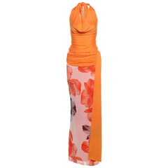 Self tie halter cowl neck flower print maxi skirt set