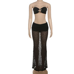 Sweetheart neck self tie lace tube maxi skirt set