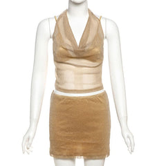 Cowl neck halter self tie 3 piece mini skirt set
