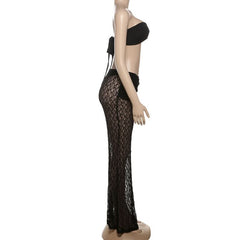 Sweetheart neck self tie lace tube maxi skirt set