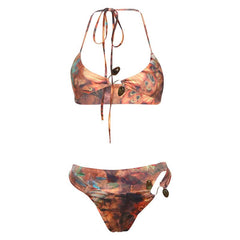 Halter self tie print backless bikini swimwear
