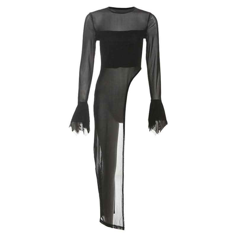 Long flared sleeve irregular crewneck mesh top