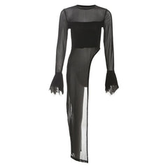 Long flared sleeve irregular crewneck mesh top