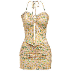 Ruched halter self tie flower print mini skirt set