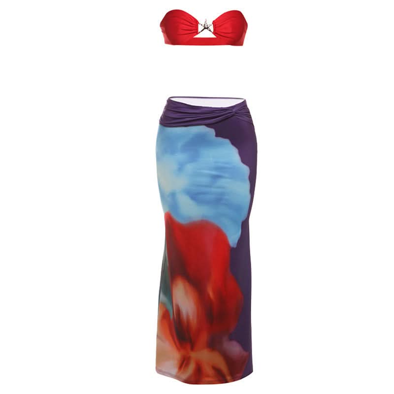 Print ruched backless tube maxi skirt set