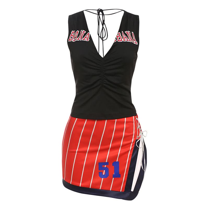 Ruched v neck slit striped irregular mini skirt set