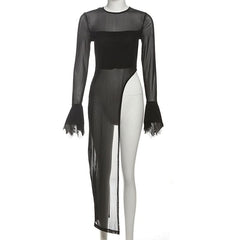 Long flared sleeve irregular crewneck mesh top