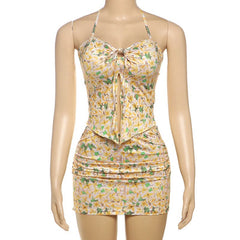 Ruched halter self tie flower print mini skirt set
