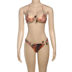 Halter self tie print backless bikini swimwear