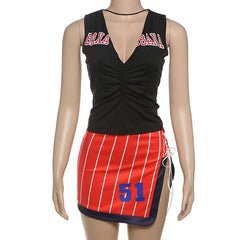 Ruched v neck slit striped irregular mini skirt set